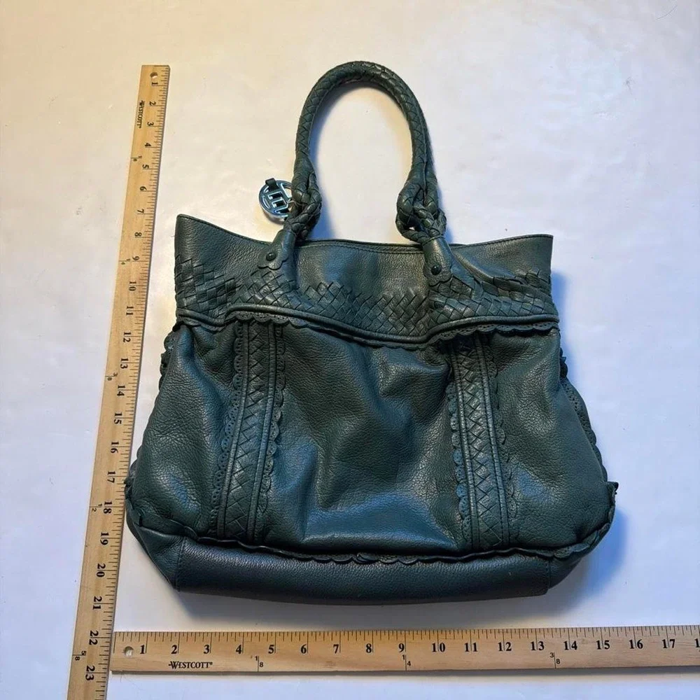 Elliott Lucca Teal Leather Braided Hobo Bag Scalloped Boho Tote